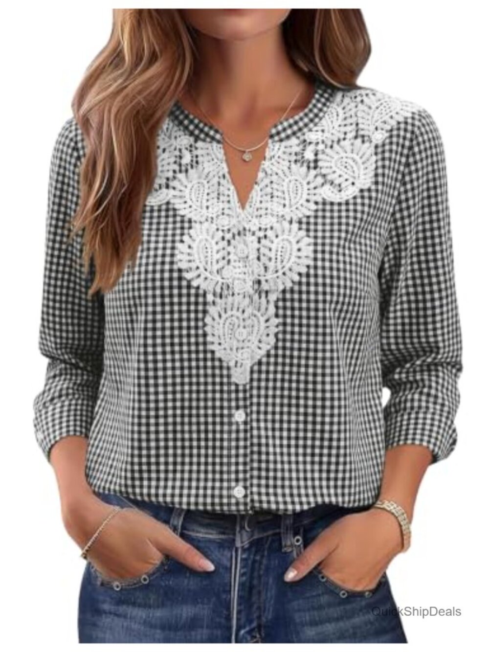 Womens Lace Trim V Neck Button Down Blouse Long Sleeve Cotton
